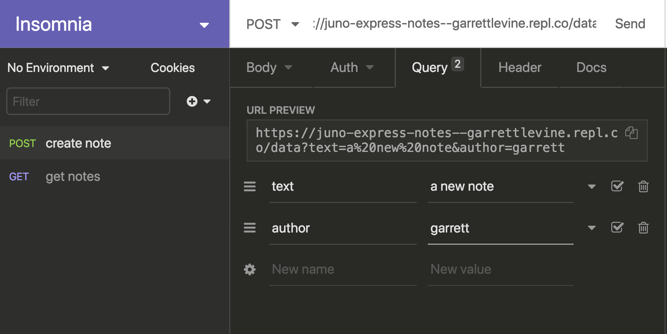 a screenshot of adjusting the query paramaters in Insomnia